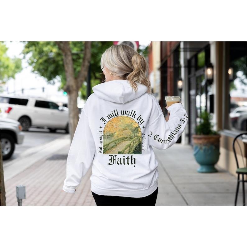 Walk By Faith Christian Hoodie Old English Letters Arch Artwork Sweatshirt Bible Verse Corinthians  T-shirt, sweater and...