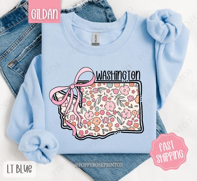 Washington Floral Bow Gildan Sweatshirt, Cute Trendy State Coquette Pullover T-Shirts, Hoodie | ZylaModa.com