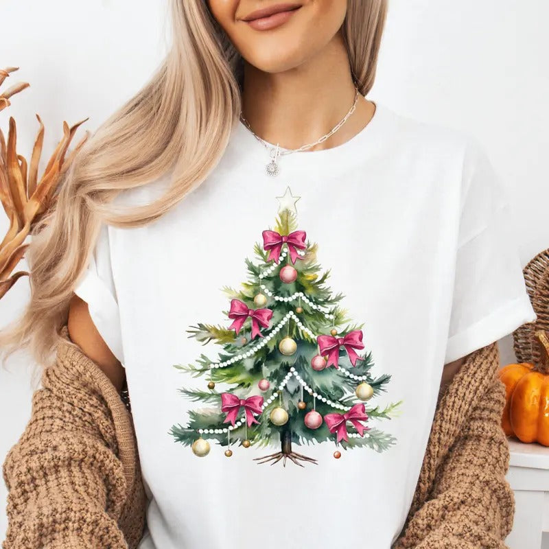Watercolor Coquette Christmas Tree T-shirt, Coquette Bow Christmas Shirt, Cute Christmas Shirt, Christmas Bow Tree Shirt...