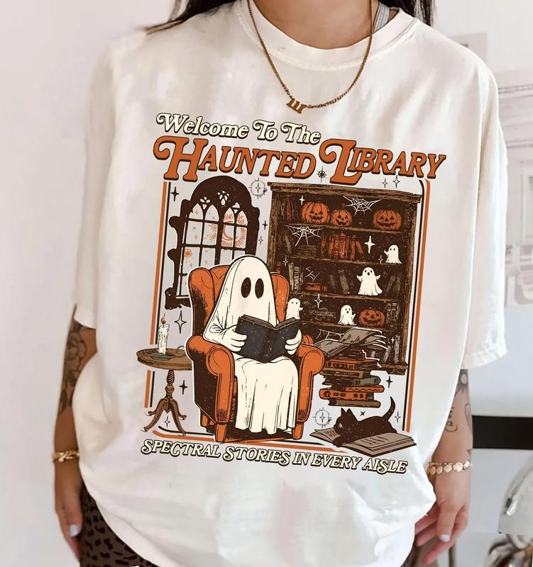 Welcome To the Haunted Library Sweatshirt, Ghost Reading T-Shirt, Halloween Bookish Tee Shirt, Pumpkin Season Shirt Hoodie