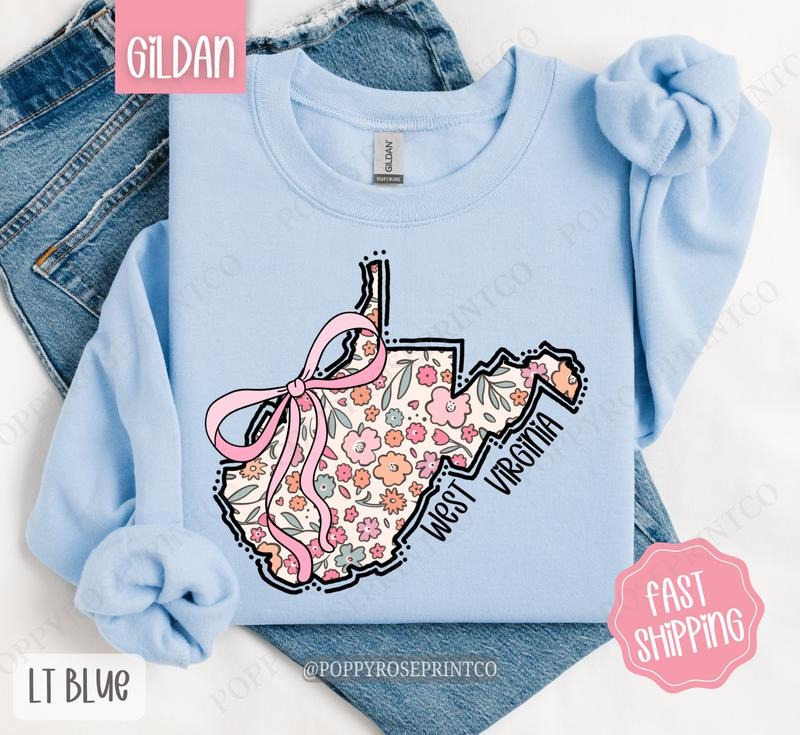 West Virginia Floral Bow Gildan Sweatshirt, Cute Trendy State Coquette Pullover T-Shirts, Hoodie | ZylaModa.com