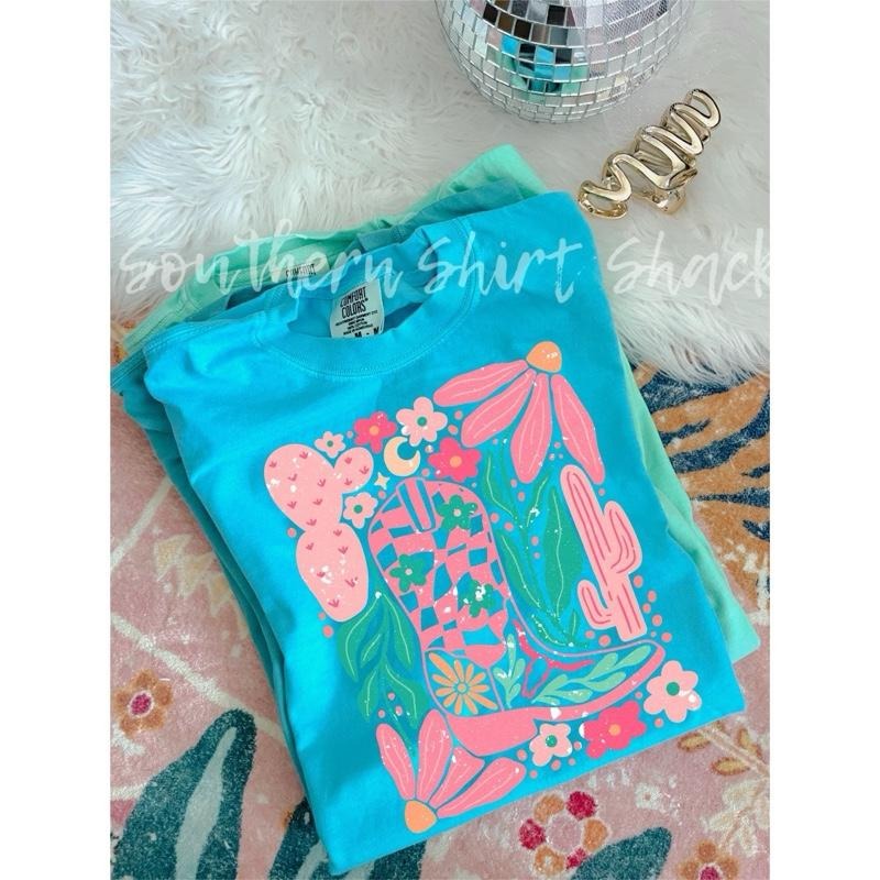 Western Cactus Cowgirl Boot T shirt  | Lagoon Blue comfort colors t shirt Hoodie, Sweatshirt | ZylaModa.com