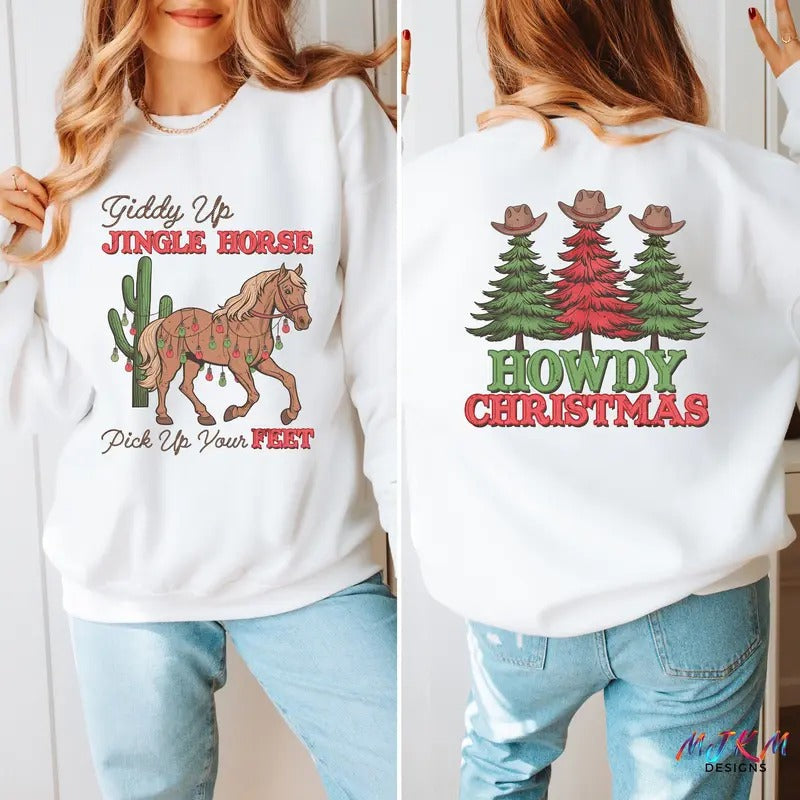 Western Cowgirl Christmas Sweater, Giddy Up Jingle Horse Pick Up Your Feet, Retro Xmas Shirt,  Howdy Country Christmas...