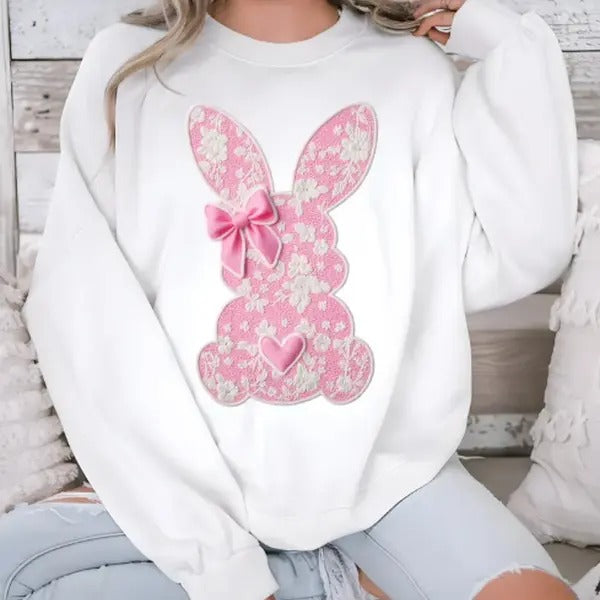 White Lace Bunny Coquette Bow sweatshirt, Easter, Lace Bow Bunny Shirt, Happy Easter Hoodie | ZylaModa.com