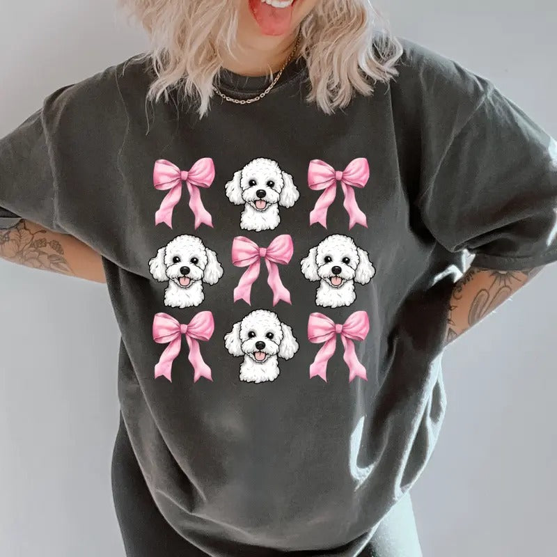 White Poodle with bows Shirt~ Unisex Apparel Relaxed Fit Printed In The USA Clothing Womenswear Casual Comfort Cotton Top...