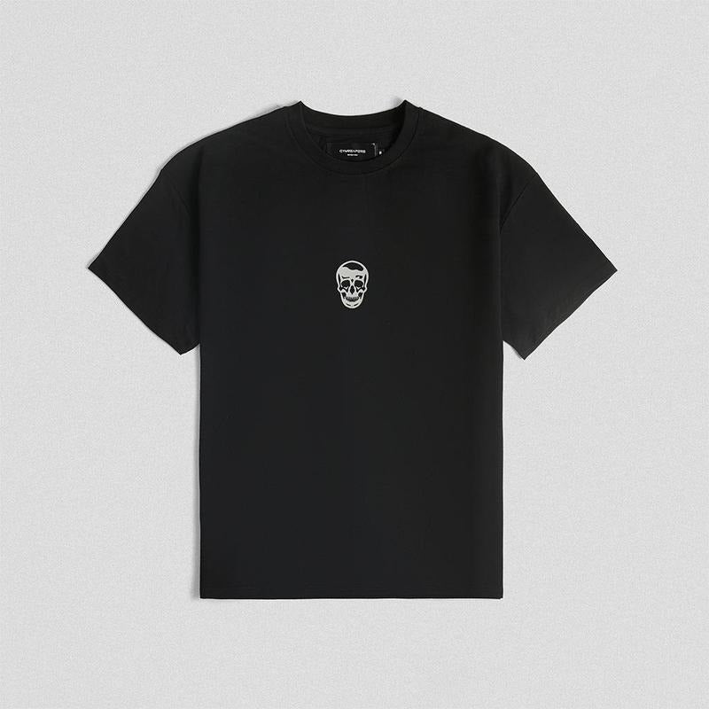 Men's Oversized Black/White Skull Tee by Gymreapers, Summer Cotton T-Shirt with Ribbed Crewneck Menswear Hoodie, Sweatshirt