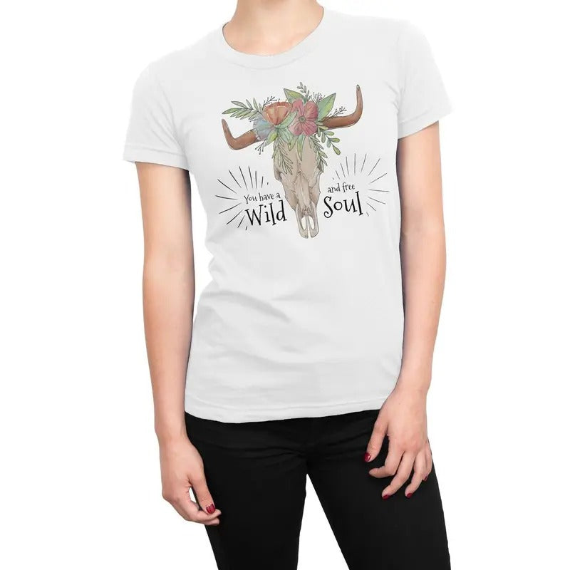Wild and Free Soul Cow Skull Women's T-Shirt Casual Crewneck Hoodie, Sweatshirt | ZylaModa.com