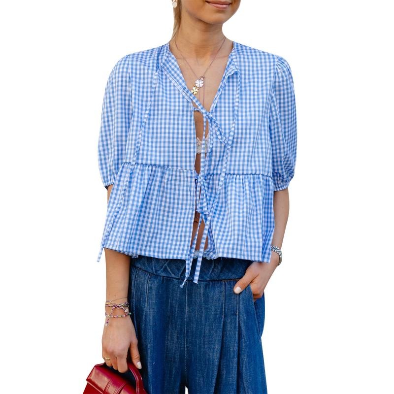 Women Blouse, Short Sleeve Tie-up Plaid Loose Elegant Summer T-shirt Streetwear for Casual Daily Light Top Hoodie, Sweatshirt