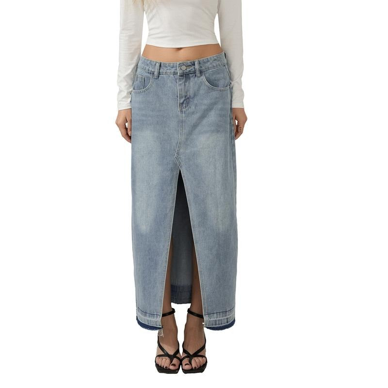 Women Denim Skirt Solid Color Summer Casual Elastic Split Skirt for Beaches Club Streetwear Aesthetic Clothes Cotton...