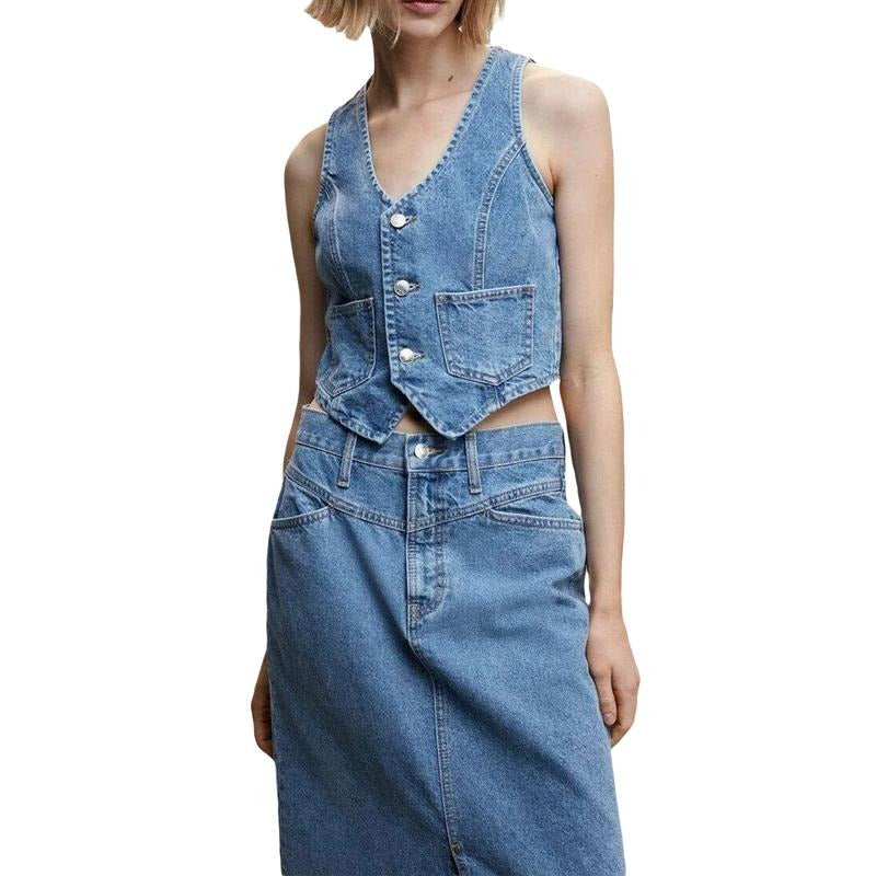 Women Denim Vest, Sleeveless V Neck Button Vest Outwear Gilet with Pockets for Casual Street Womenswear Check T-Shirts,...