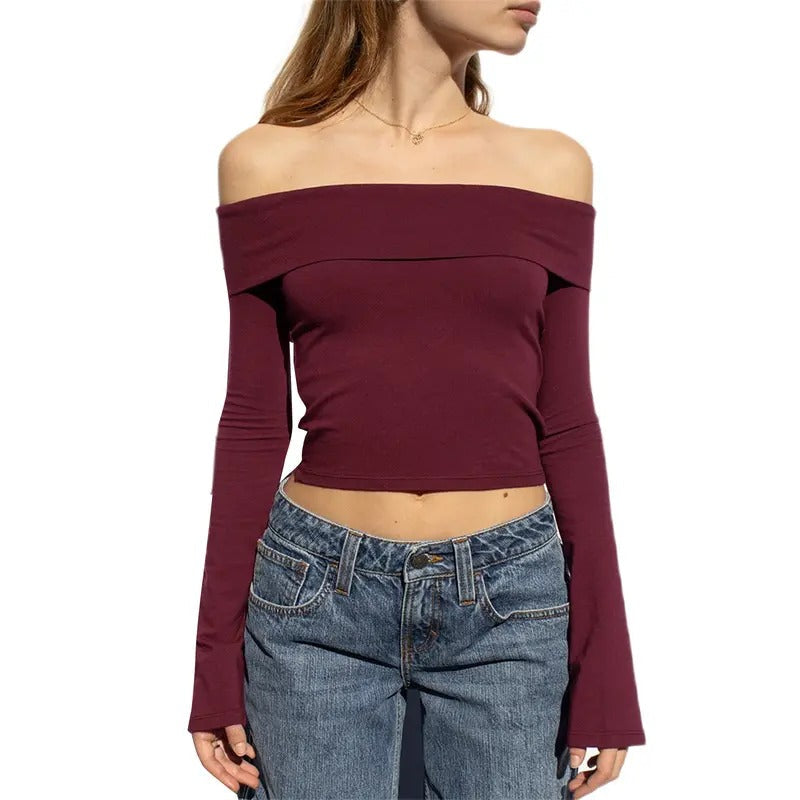 Women Fall Off Shoulder Crop Tops Flare Long SleeveFit Show Navel Solid T-shirts Hoodie, Sweatshirt | ZylaModa.com