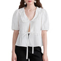 Women Short Sleeve Shirts Solid Color Doll Collar Front Bowknot Tie-Up Fashion Blouses Summer Casual Tops Cotton...