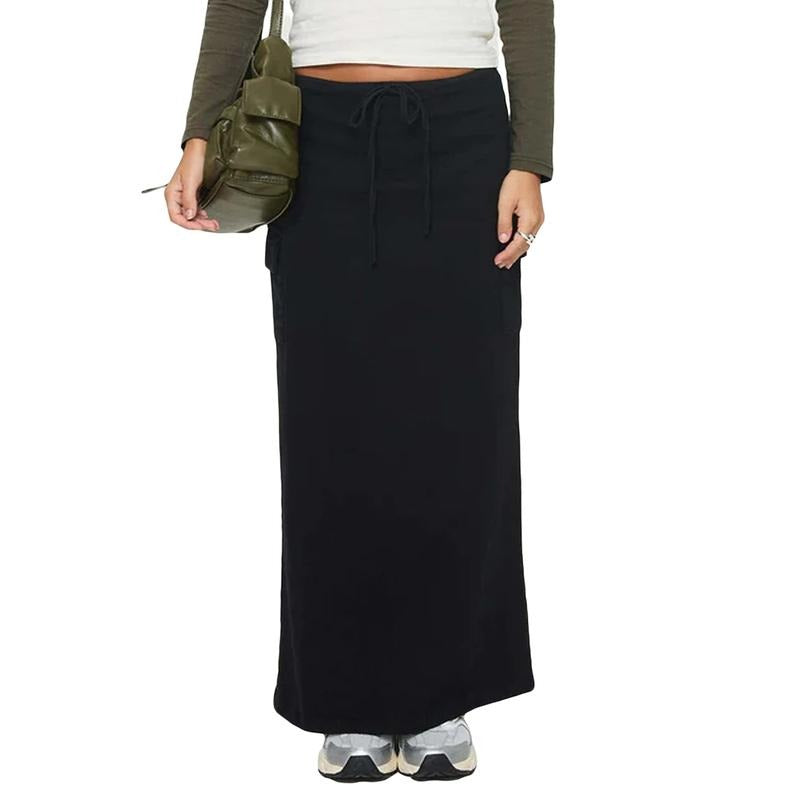 Women Summer Cargo Skirt Casual Solid Color Drawstring Split Long Skirt with Pockets for Beach Vacation Club Streetwear...