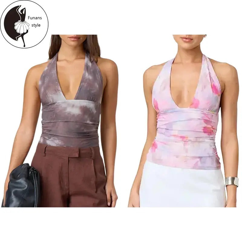 Women Tie Halter Tank TopsTie-Dye Low Cut Ruched Sleeveless Open Back Crop Shirt Summer Streetwear Hoodie, Sweatshirt