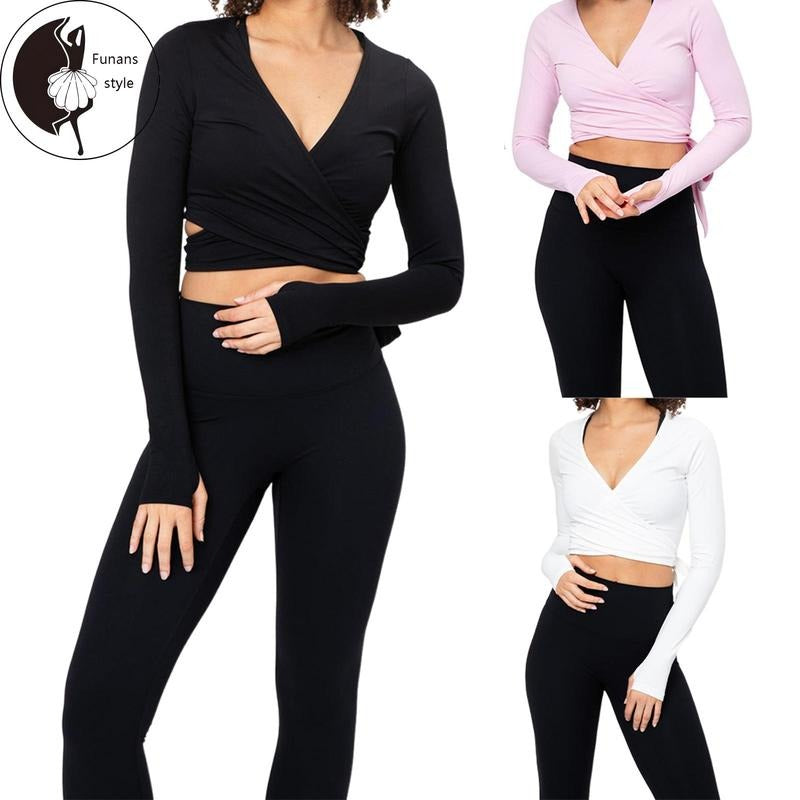 Women Tie-up Wrap TopsSolid Color V Neck Long Sleeve Crop Shirt with Thumb Holes for Yoga Workout Dancing Hoodie, Sweatshirt