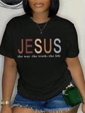 Women's "JESUS" Letter Print Round Neck Graphic Tee, Vintage Trendy Casual Short Sleeve T-shirt for Daily Wear, Ladies...
