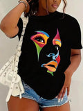 Women's Abstract Figure Print Round Neck Tee, Fashion Casual Crew Neck Short Sleeve T-Shirt for Daily Holiday Vacation...