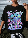 Women's Alien & Mushroom Print Drop Shoulder Tee, Fashion Casual Letter Graphic Crew Neck T-shirt for Daily Holiday...