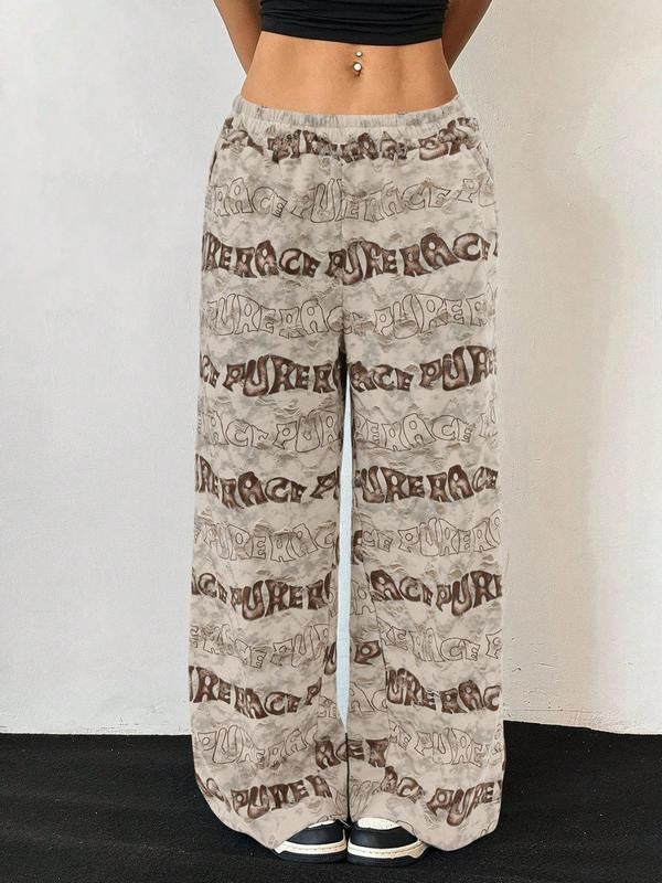 Women's All Over Letter Print Pocket Elastic Waist Wide Leg Sweatpants, Casual Comfy Trousers for Fall & Winter, Women's...
