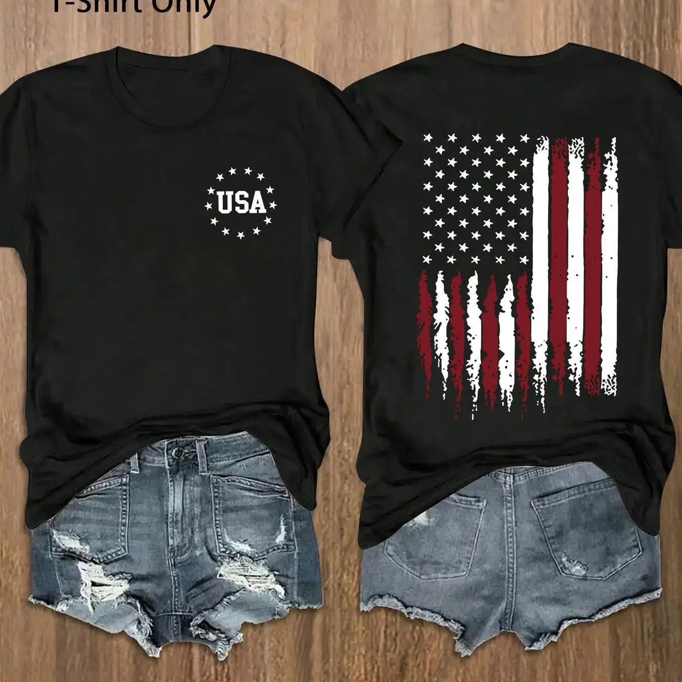 Women's American Flag & Letter Print Round Neck Tee, Casual Short Sleeve Crew Neck T-shirt for Daily Wear, Ladies Clothes...
