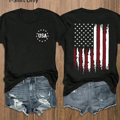 Women's American Flag & Letter Print Round Neck Tee, Casual Short Sleeve Crew Neck T-shirt for Daily Wear, Ladies Clothes...
