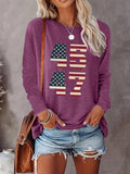Women's American Flag & Number Print Round Neck Tee, Casual Long Sleeve Crew Neck T-shirt for Daily Wear, Ladies Clothes...