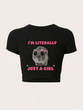 Women's Animal & Letter Print Round Neck Crop Tee, Cute Short Sleeve Crew Neck T-Shirt, Ladies Clothes for All Seasons...