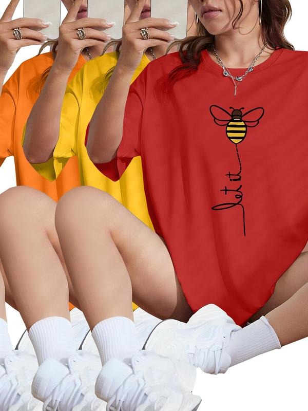 Women's Bee & Letter Print Round Neck Tee, Casual Short Sleeve Crew Neck T-shirt for Daily Wear, Ladies Clothes for All...