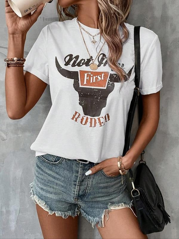 Women's Bull Letter Print Round Neck Graphic Tee, Vintage Trendy Casual Short Sleeve T-shirt for Daily Wear, Ladies All...