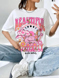 Women's Butterfly & Letter Print Round Neck Drop Shoulder Tee, Trendy Casual Plants Print Half Sleeve Crew Neck T-shirt...