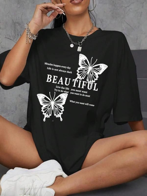 Women's Butterfly & Letter Print Round Neck Graphic Tee, Vintage Trendy Casual Drop Shoulder Half Sleeve T-shirt For...