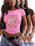 Women's Cartoon & Letter Print Crop Tee, Casual Short Sleeve Round Neck T-shirt for Daily Wear, Ladies Clothes for All...