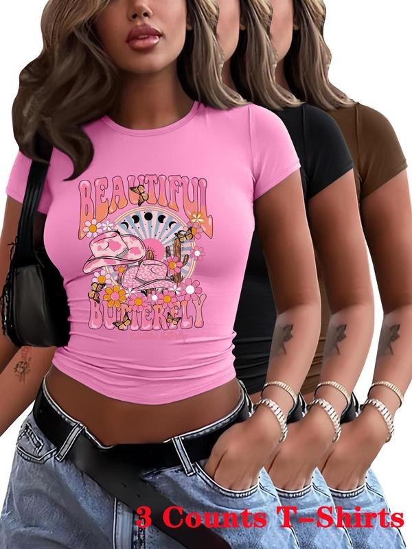 Women's Cartoon & Letter Print Crop Tee, Casual Short Sleeve Round Neck T-shirt for Daily Wear, Ladies Clothes for All...