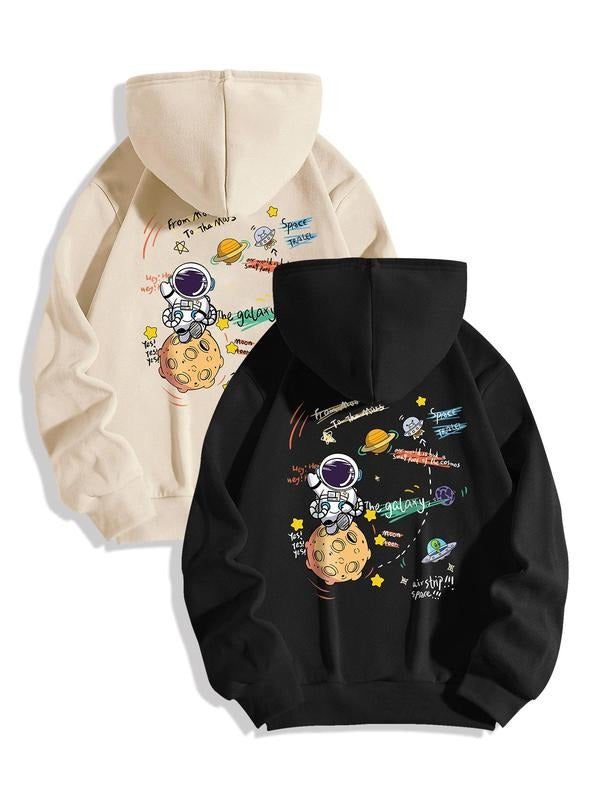 Women's Cartoon Astronaut Print Drawstring Pocket Drop Shoulder Hoodie, Fashion Casual Hooded Sweatshirt for Daily...