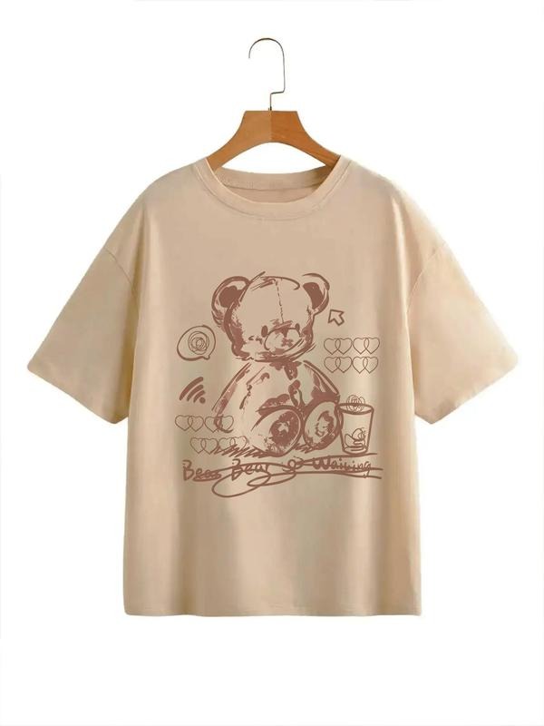 Women's Cartoon Bear Print Round Neck Drop Shoulder Tee, Cute Casual Short Sleeve T-shirt for Daily Wear, Ladies Clothes...