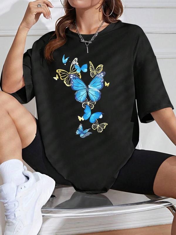 Women's Cartoon Butterfly Print Round Neck Tee, Trendy Casual Short Sleeve T-shirt for Daily Wear, Ladies Outfit Hoodie,...