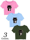 Women's Cartoon Cat Print Crop Tee, Casual Short Sleeve Round Neck T-shirt for Daily Wear, Ladies Clothes for All...