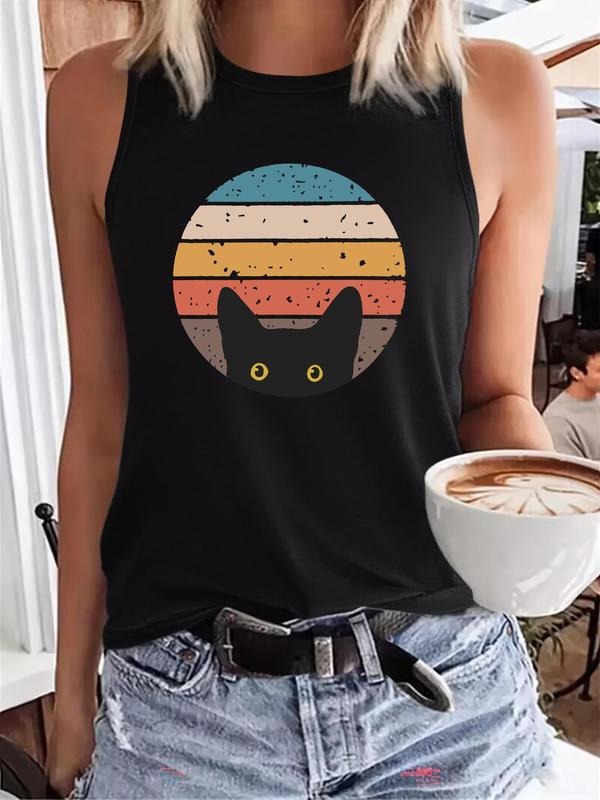 Women's Cartoon Cat Print Tank Top, Casual Sleeveless Top for Summer, Ladies Clothes for Daily Wear, Socksstyle{n002}2...