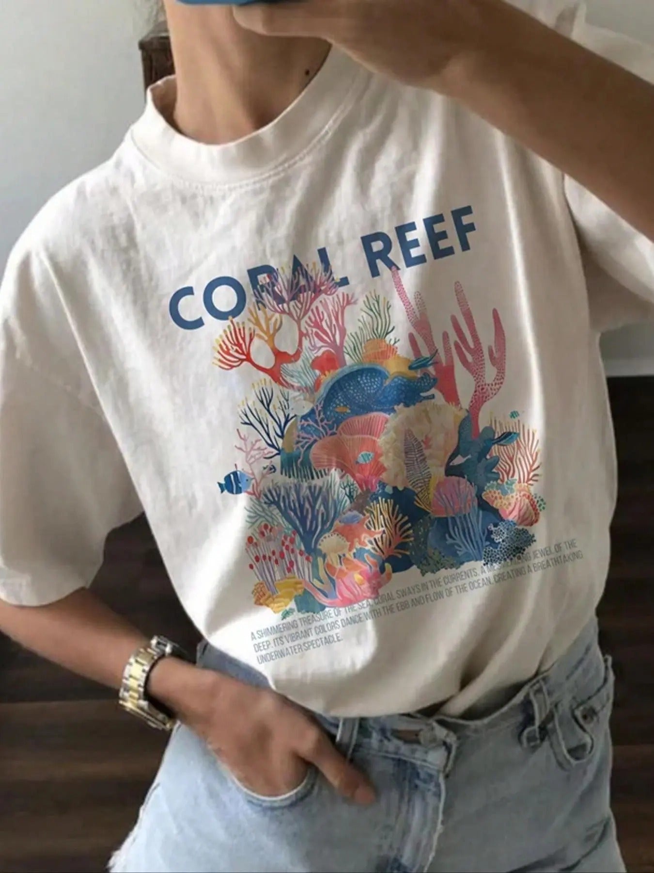 Women's Cartoon Coral Reef Graphic Round Neck Tee, Casual Drop Shoulder Short Sleeve T-shirt for Summer, Ladies Clothes...