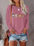 Women's Cartoon Cow & Heart Print Round Neck Tee, Casual Long Sleeve Crew Neck T-shirt for Spring & Fall, Fashion Women's...