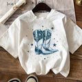 Women's Cartoon Cowboy Boots Print Round Neck Tee, Fashion Casual Drop Shoulder Short Sleeve T-shirt, Ladies Summer...