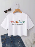 Women's Cartoon Dinosaur Print Round Neck Cute Graphic Crop Tee, Casual Fashion Drop Shoulder Short Sleeve T-Shirt for...