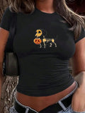 Women's Cartoon Dog Print Round Neck Crop Tee, Fashion Casual Short Sleeve T-shirt, Ladies Summer Clothes for Daily Wear...