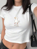 Women's Cartoon Duck & Letter Print Round Neck Crop Tee, Fashion Casual Crew Neck T-shirt for Daily Holiday Vacation...