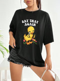 Women's Cartoon Duck Graphic Print Round Neck Graphic Tee, Trendy Casual Drop Shoulder Half Sleeve T-shirt for Daily...