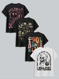 Women's Cartoon Face & Skull & Floral & Letter Print Short Sleeve Tee, Street Fashion Casual Graphic Round Neck T-shirt...