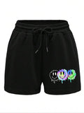 Women's Cartoon Face Print Drawstring Waist Shorts, Casual Comfy Pocket Elastic Waist Shorts for Summer, Fashion Women's...