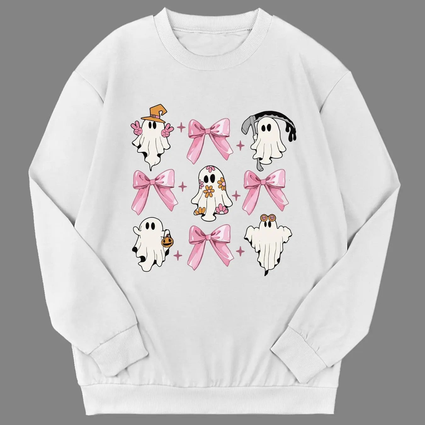 Women's Cartoon Ghost & Bow Print Drop Shoulder Sweatshirt, Casual Long Sleeve Round Neck Pullover for Fall & Winter,...
