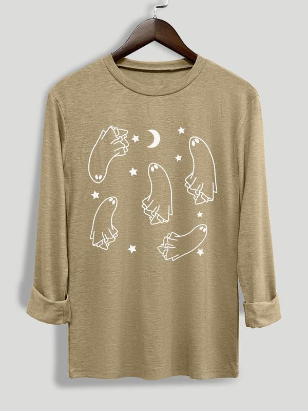 Women's Cartoon Ghost Print Round Neck Tee, Casual Halloween Long Sleeve Crew Neck T-shirt for Daily Wear, Ladies...