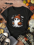 Women's Cartoon Ghost Print Round Neck Tee, Fashion Casual Short Sleeve T-shirt for Daily Wear, Ladies Summer Clothes...